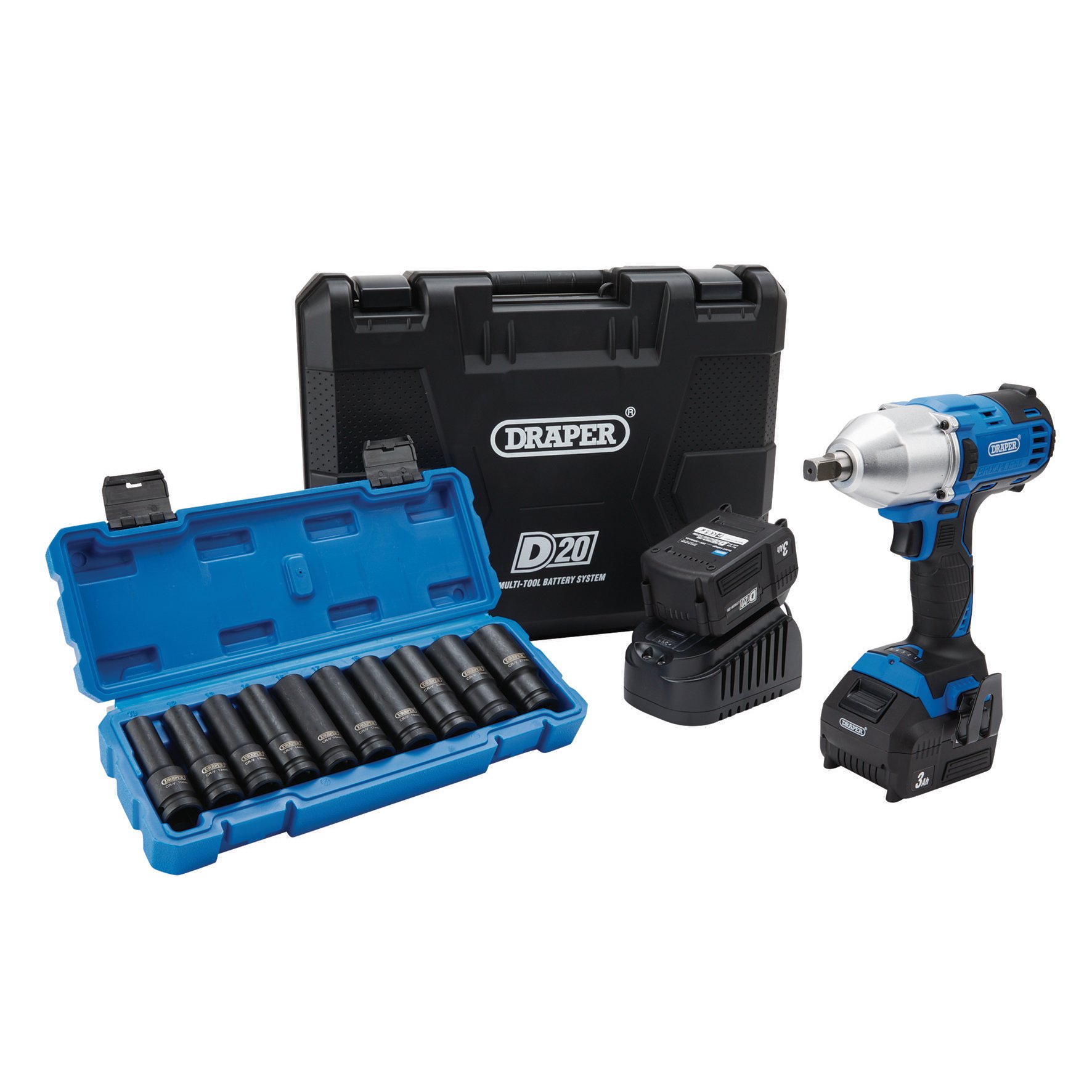 Draper D20 20V Brushless Mid Torque Impact Wrench Kit 1 2 Sq. Dr. Metric Deep Impact Socket Set 10 Piece