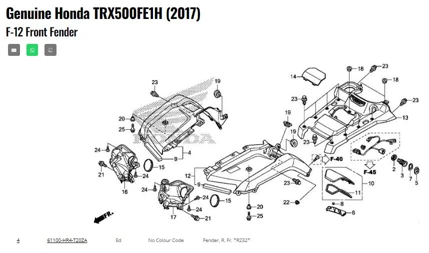 Honda Front Right Fender | 61100-HR4-T20ZA – Genuine Replacement for Honda ATV Models