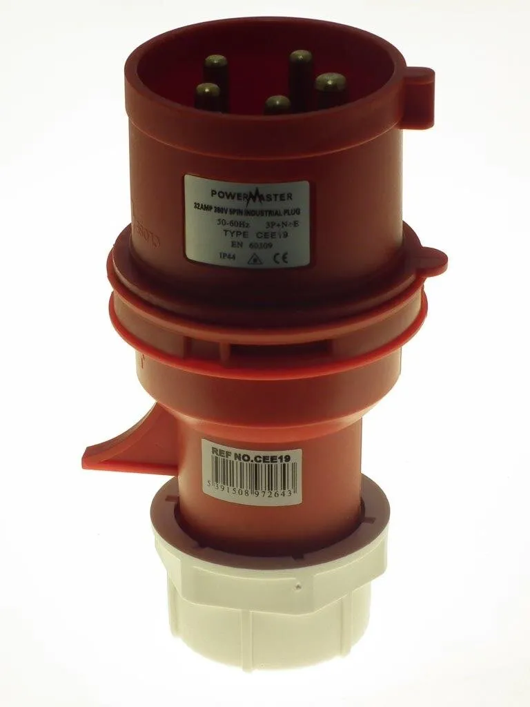 PowerMaster 32 Amp 380 V 4‑Pin + Earth Red Industrial Plug (3P + E, CEE19 / IEC 60309)