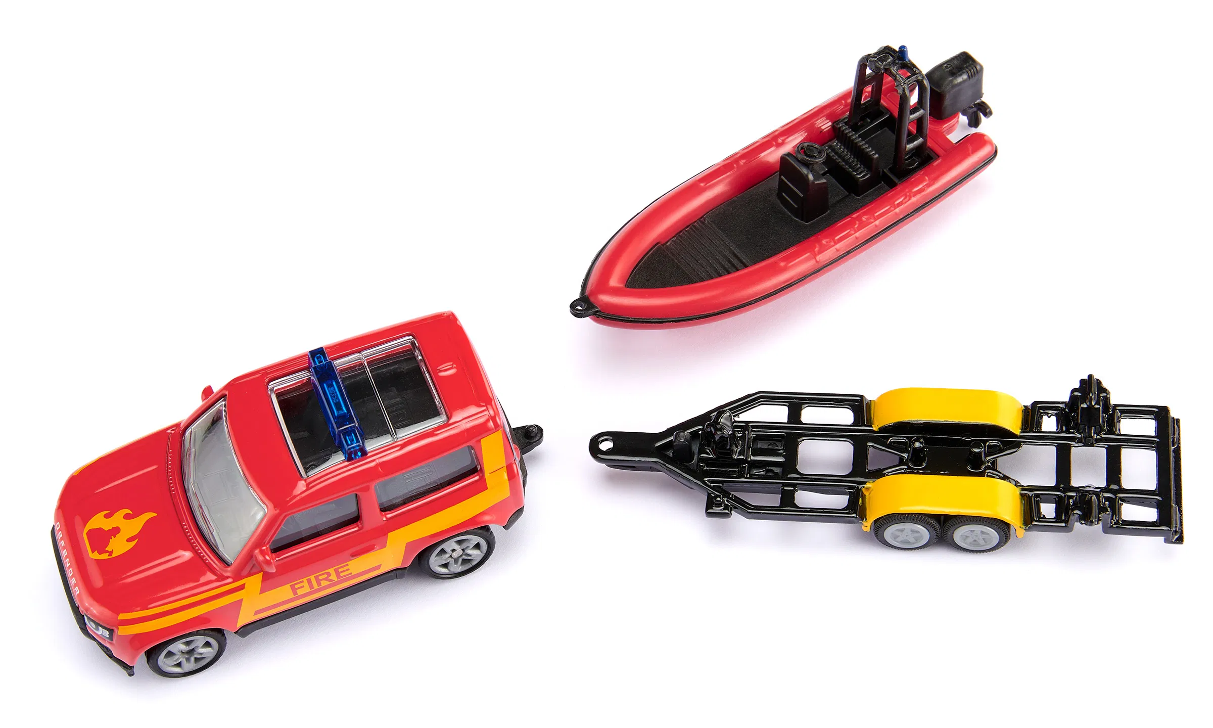 Siku 1:87 Land Rover Defender with Boat – Fire Rescue Model with Trailer and Motorboat